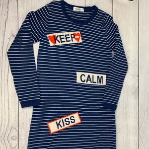 Navy Blue White Striped Sweater Knit Dress Love Kiss Heart Side Slits US M